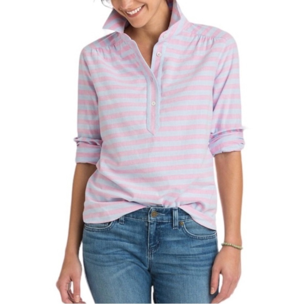Vineyard Vines Women's Relaxed Coastside Stripe Hi-Lo Popover Shirt Size 8 Blue